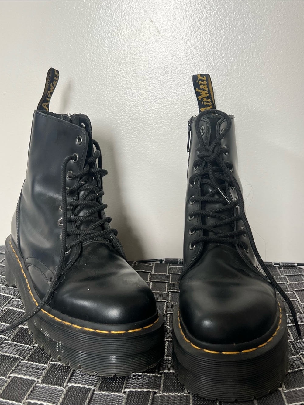 Dr. Martens Black Leather Platform Lace-Up Boots with Yellow Stitching